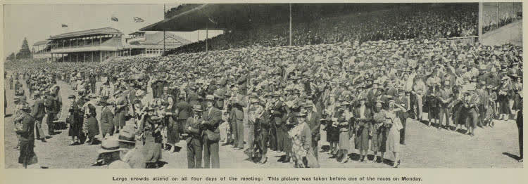 Large crowds attend on all four days of the meeting: this picture was taken before one of the races on Monday, 1937
