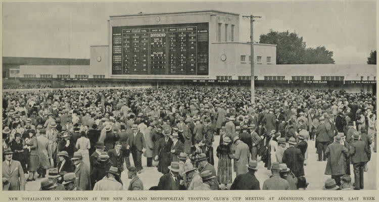 New totalisator in operation at the New Zealand metropolitan trotting club's cup meeting at Addington, Christchurch, last week, 1937