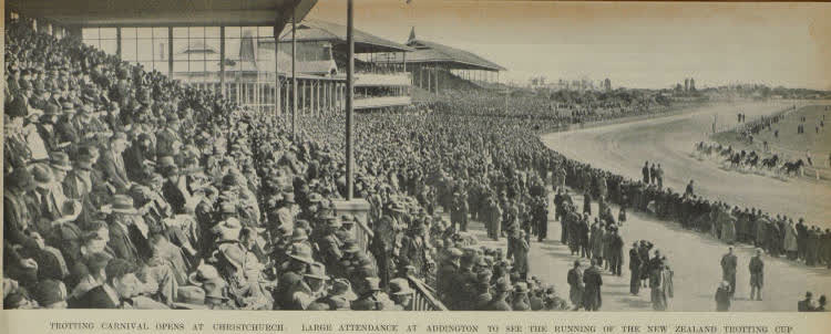 Trotting carnival opens at Christchurch: large attendance at Addington to see the running of the New Zealand trotting cup, 1937