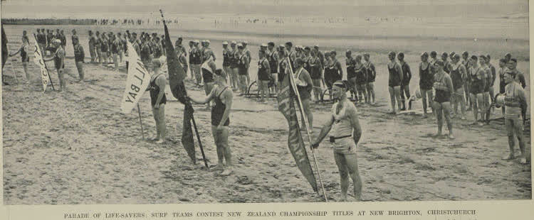 The surf life-saving teams on New Brighton Beach in Christchurch prior to the start of the New Zealand Championships, 1938