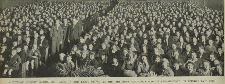 A popular holiday gathering: faces in the large crowd at the children's community sing in Christchurch on Tuesday last week, 1938