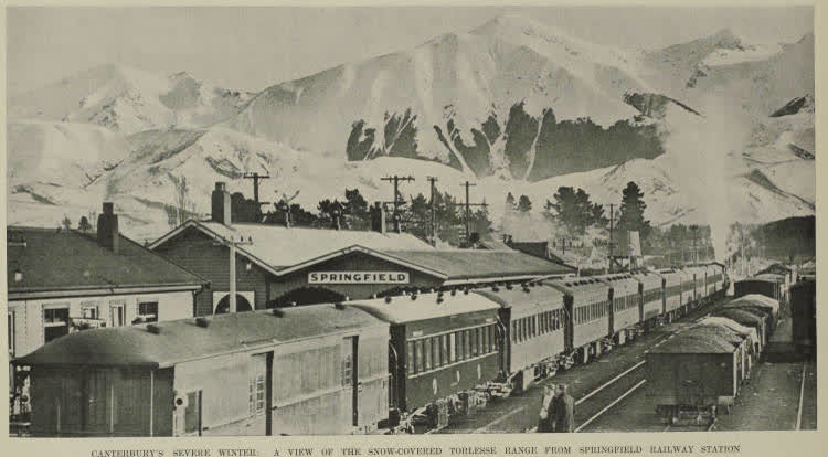 Canterbury's severe winter: a view of the snow-covered Torlesse range from Springfield, 1938