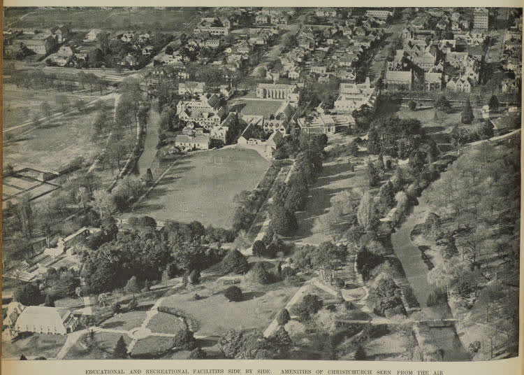 Educational and recreational facilities side by side: amenities of Christchurch seen from the air, 1938