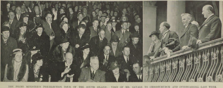 The Prime Minister's pre-election tour of the South Island: visit of Mr. Savage to Christchurch and Invercargill last week, 1938