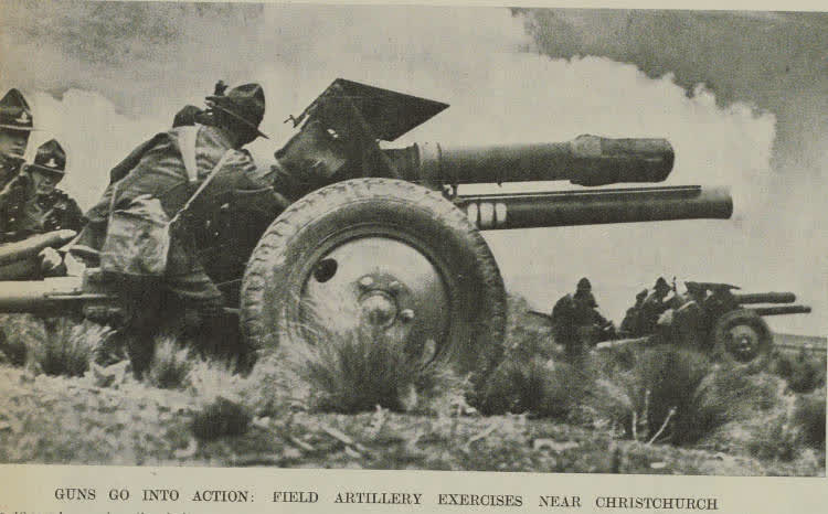 Guns go into action: field artillery exercises near Christchurch, 1938