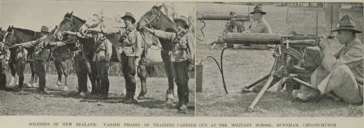 Soldiers of New Zealand: varied phases of training carried out at the military school, Burnham, Christchurch, 1938