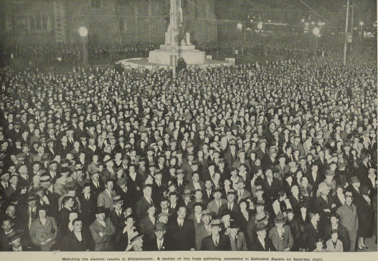 Watching the election results in Christchurch: a section of the huge gathering assembled in Cathedral Square, 1938