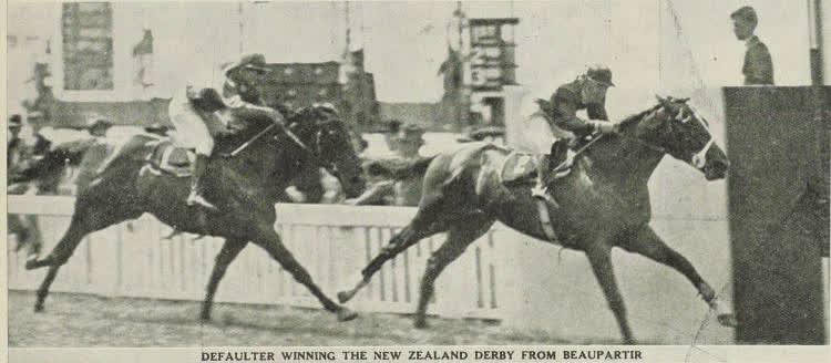 Defaulter winning the New Zealand Derby from Beaupartir at Riccarton, 1938