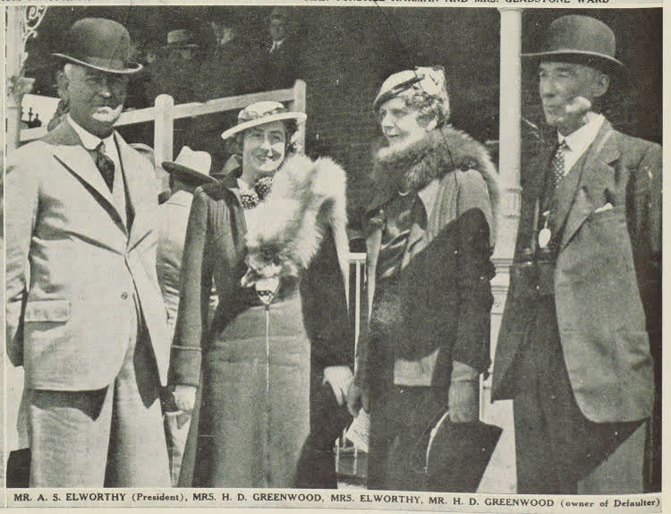 Mr. A. S. Elworthy (president), Mrs. H. D. Greenwood, Mrs. Elworthy, Mr. H. D. Greenwood (owner of defaulter) at Riccarton, 1938