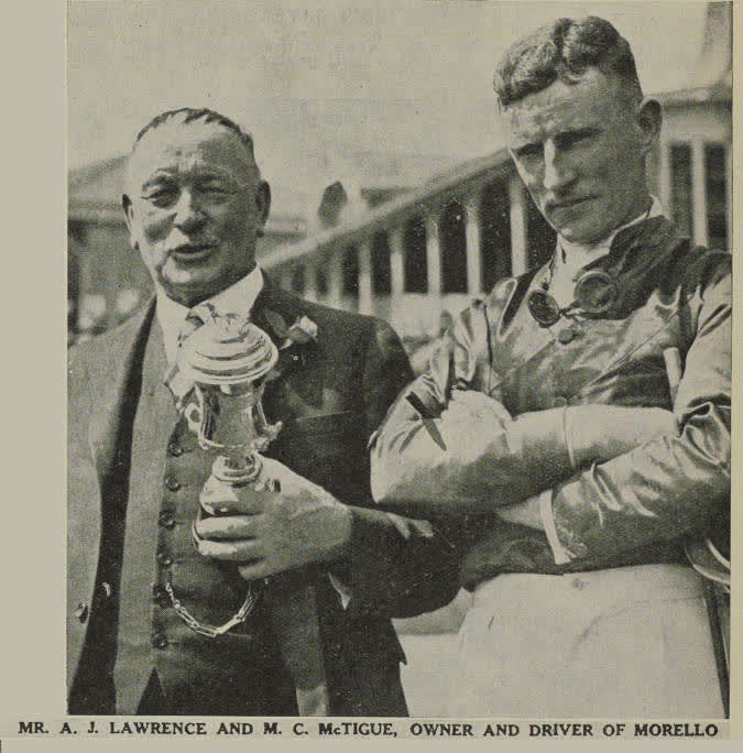 Mr. A. J. Lawrence and M. C. Mctigue, owner and driver of Morello at Addington, 1938