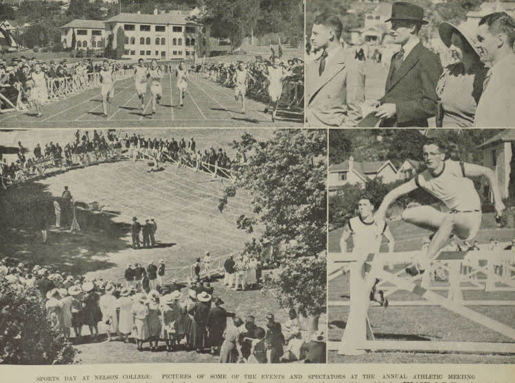 Athletes competing in events and spectators at the annual sports day at Nelson College, 1938