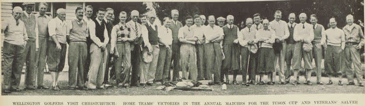 Golfers at the Shirley Golf Course for the annual match between the Christchurch and Wellington Golf Clubs, 1938