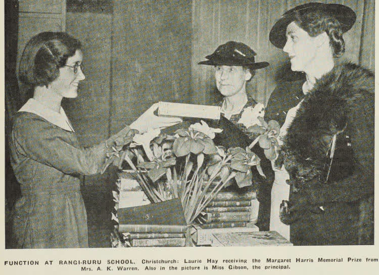 Laurie Hay receives the Margaret Harris Memorial Prize at Christchurch Girls' High School, 1938