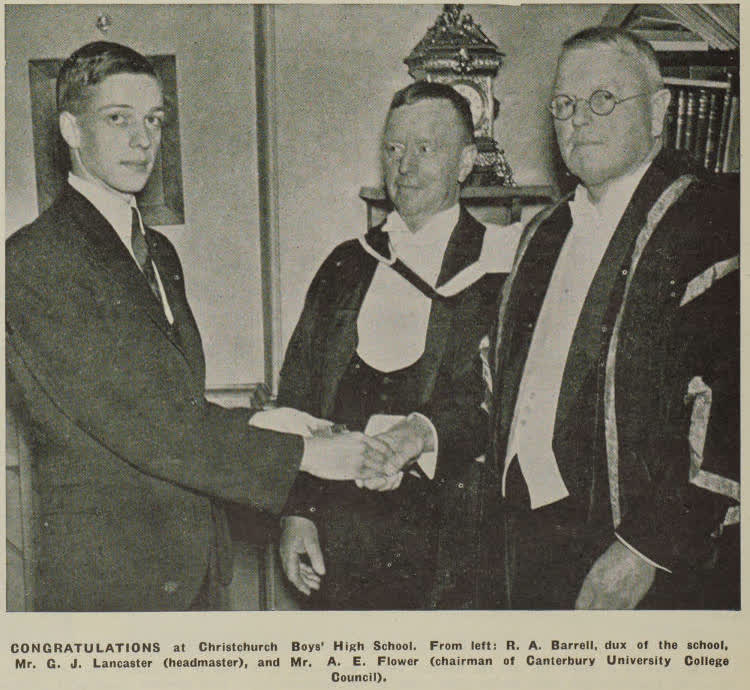 R.A. Barrell, Dux of the Christchurch Boys' High School, 1938
