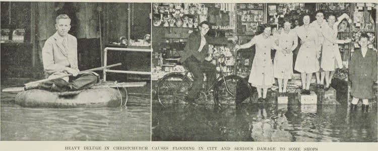 Heavy deluge in Christchurch causes flooding in city and serious damage to some shops, 1938