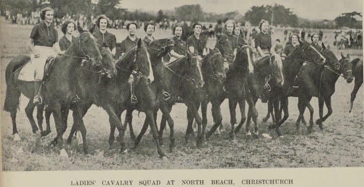 Ladies' cavalry squad at north beach, Christchurch, 1939