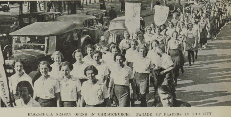 Basketball season opens in Christchurch: parade of players in the city, 1939