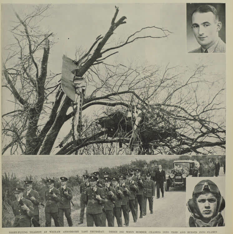 Night-flying tragedy at Wigram Aerodrome last Thursday: three die when bomber crashes into tree and bursts into flames, 1939