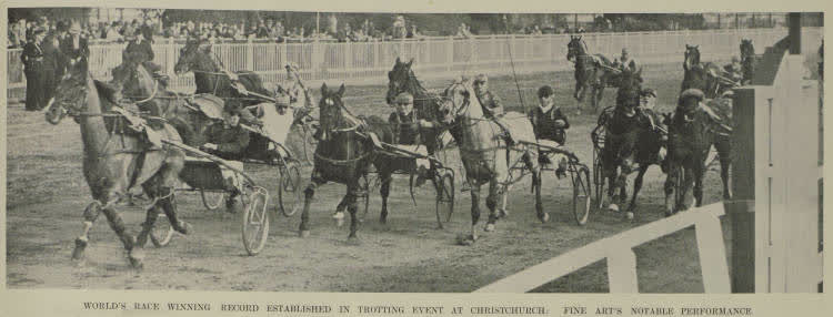 World's race winning record established in trotting event at Christchurch: Fine Art's notable performance, 1939