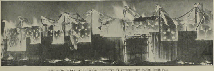 Over £25,000 worth of newsprint destroyed in Christchurch paper store fire, 1940