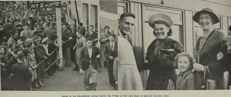 Scenes at the Christchurch railway station last Friday as men were about to leave for Burnham camp, 1940