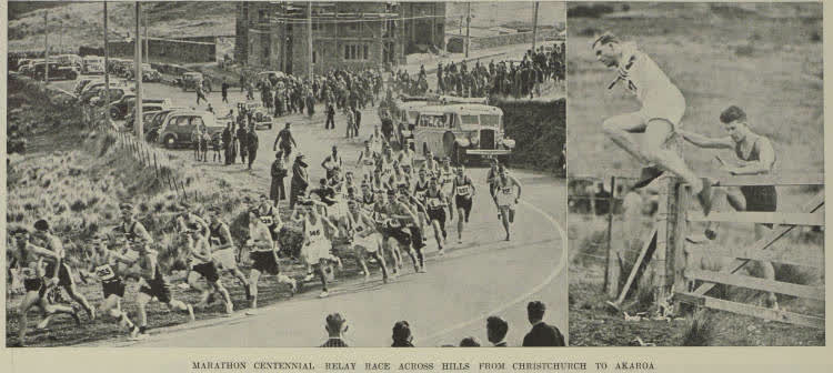 Marathon centennial relay race across hills from Christchurch to Akaroa, 1940