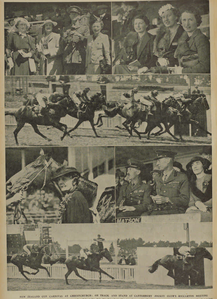 New Zealand Cup carnival at Christchurch: on track and stand at Canterbury Jockey Club's Riccarton meeting, 1940
