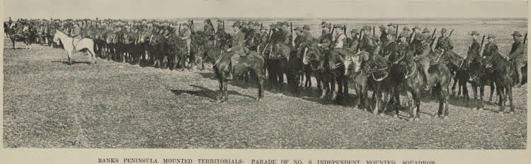 Banks Peninsula Mounted Territorials: parade of no. 8 Independent Mounted Squadron, 1941