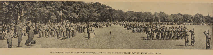 Christchurch Home Guardsmen in ceremonial parade: six battalions march past in North Hagley Park, 1942