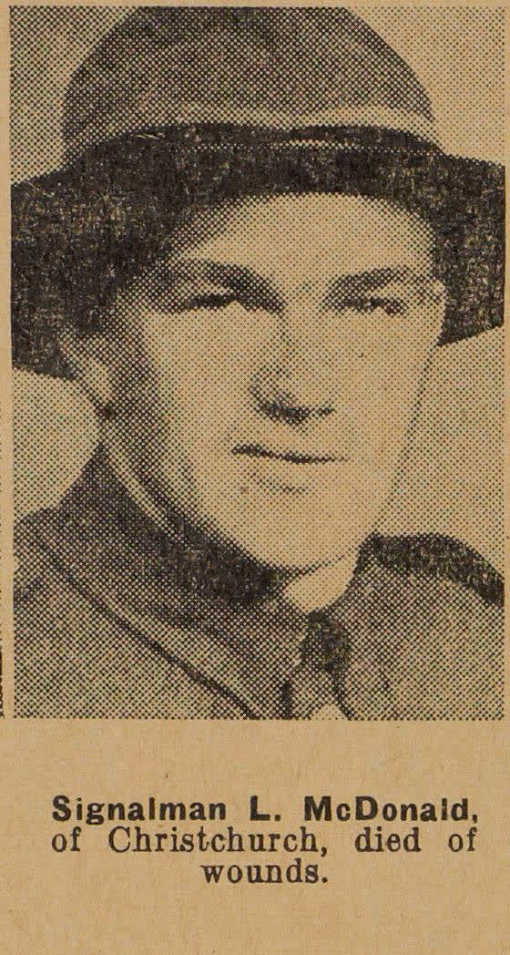 Signalman L. McDonald, of Christchurch, died of wounds, 1942