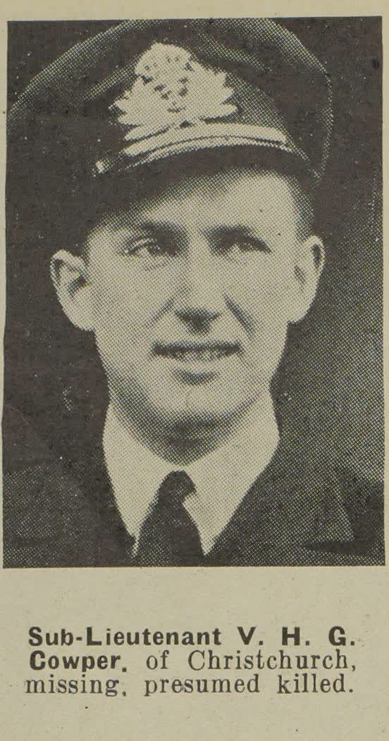Sub-Lieutenant V. H. G. Cowper, of Christchurch, missing, presumed killed, 1943