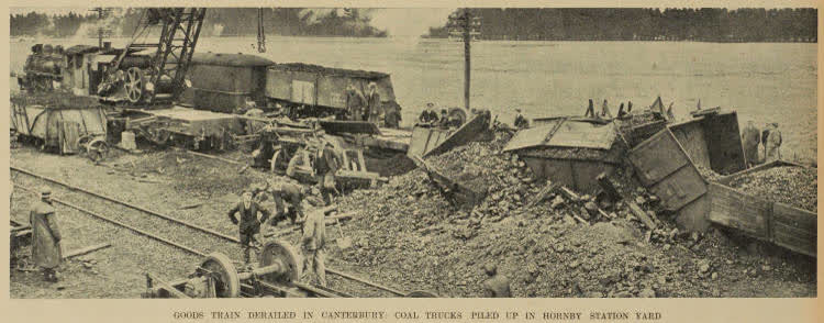 Goods train derailed in Canterbury: coal trucks piled up in Hornby station yard, 1943