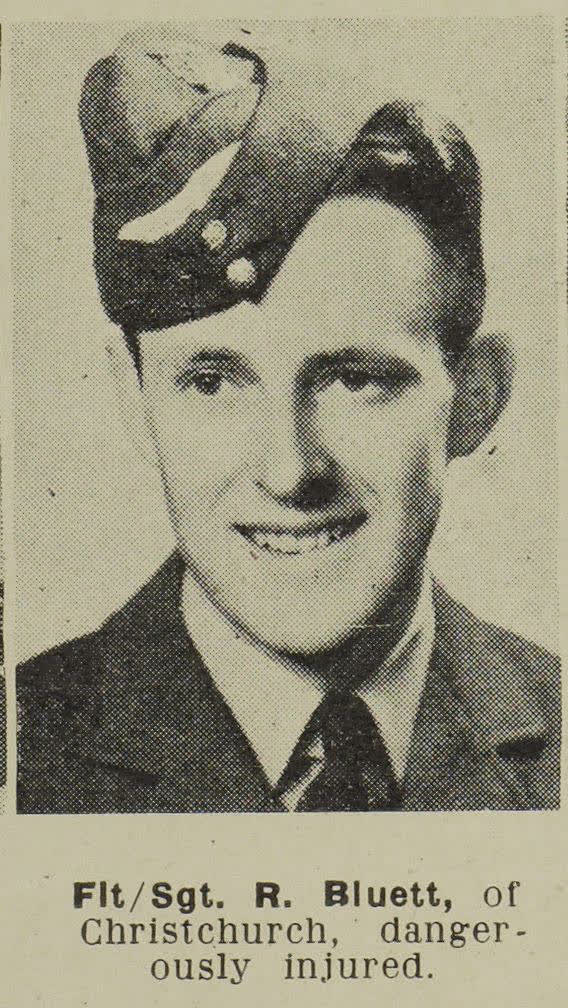 Flight-Sergeant R. Bluett, of Christchurch, dangerously injured, 1944
