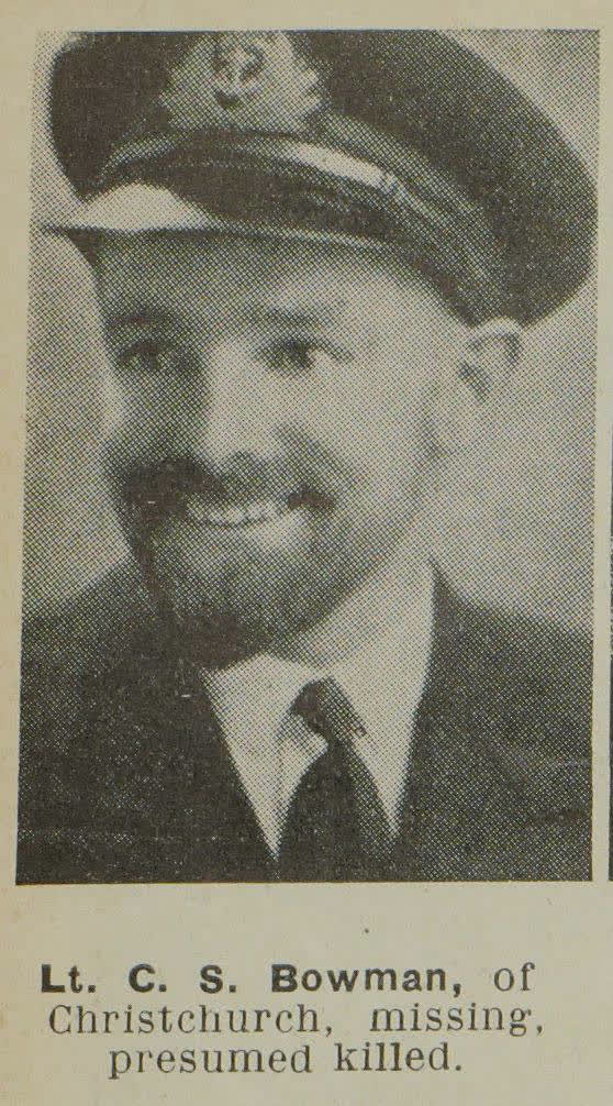 Lt. C. S. Bowman, of Christchurch, missing, presumed killed, 1944