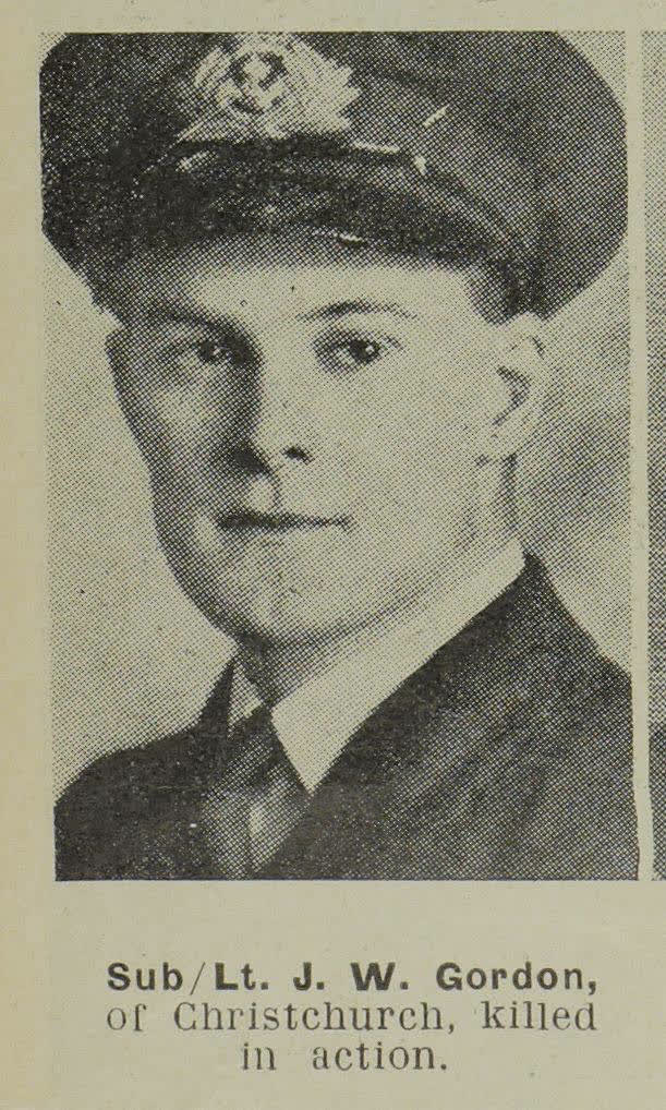 Sub-Lieutenant J. W. Gordon, of Christchurch, killed in action, 1944