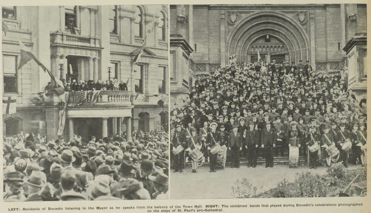 Glad tidings of victory bring crowds into streets of Christchurch, Dunedin and Whangarei, 1945