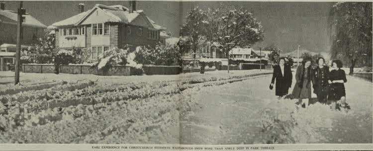 Rare experience for Christchurch residents: walking to work through snow more than ankle deep in Park Terrace, 1945