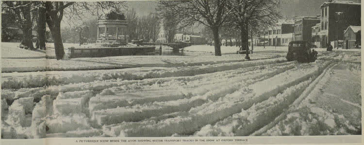 A picturesque scene beside the Avon showing motor transport tracks in the snow at Oxford Terrace, 1945