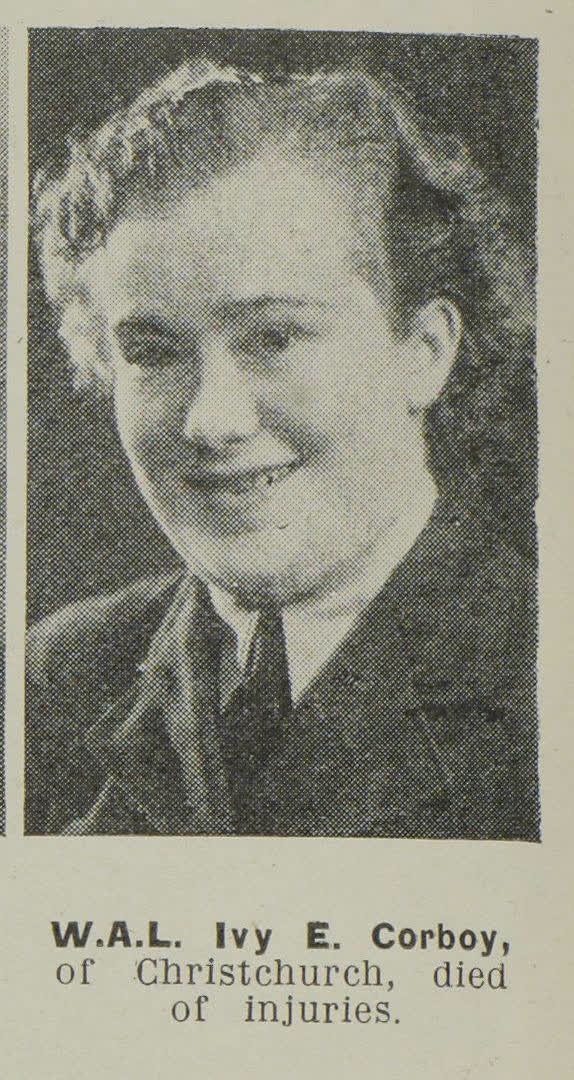 W. A. L. Ivy E. Corboy, of Christchurch, died of injuries, 1945