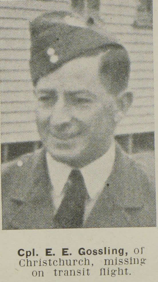 Cpl. E. E. Gossling, of Christchurch, missing on transit flight, 1945
