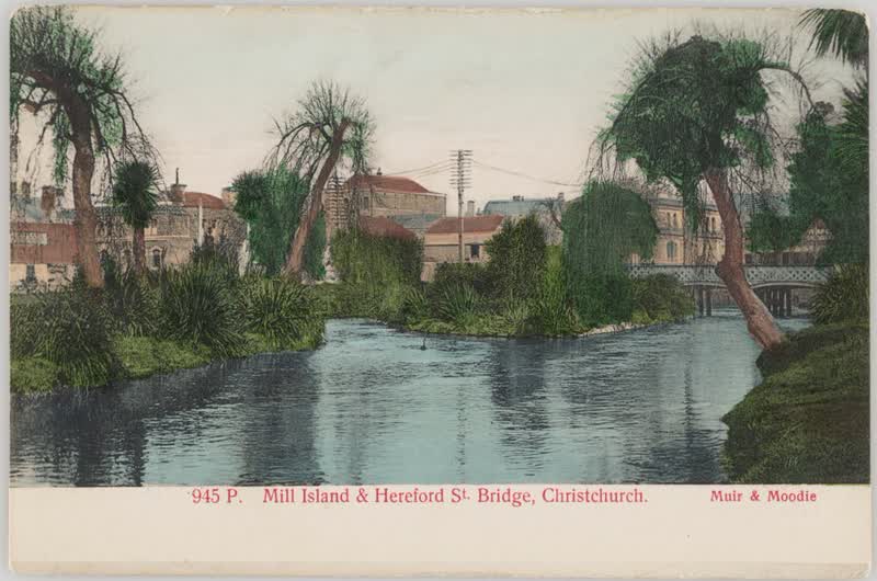 Mill Island and Hereford Street Bridge, Christchurch, 1905