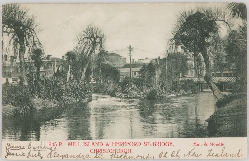 Mill Island and Hereford Street Bridge, Christchurch, 1905