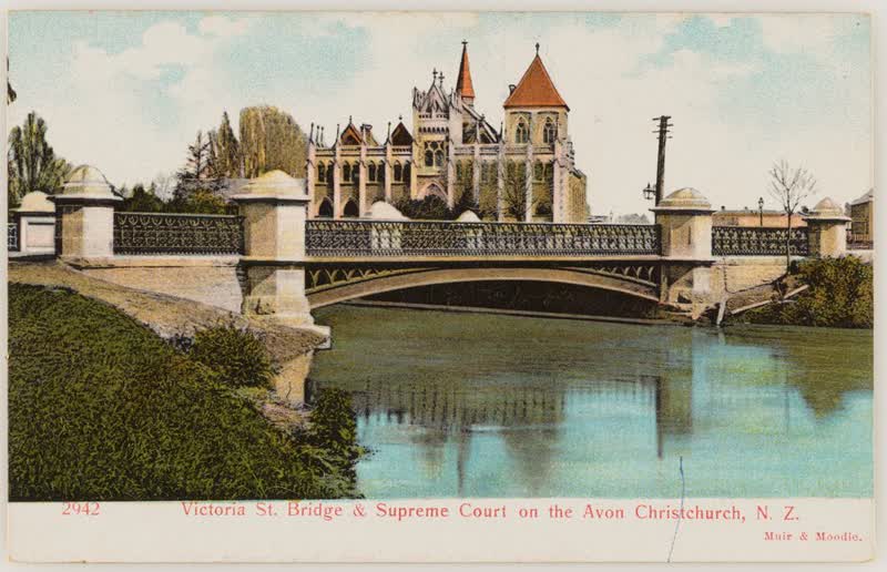 Victoria Street Bridge and Supreme Court on the Avon, Christchurch, New Zealand, 1904