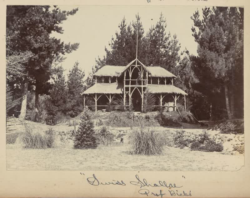 Chalet built at 'Wainoni' - home and Pleasure Gardens at Tahuna Park built by Professor Bickerton, Christchurch, 1890