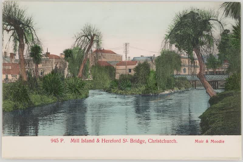 Mill Island and Hereford Street Bridge, Christchurch, 1905