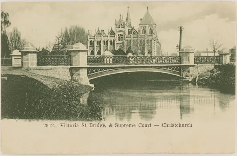 Victoria Street Bridge and Supreme Court on the Avon, Christchurch, New Zealand, 1904