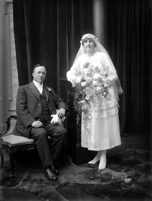 Glass Plate Negative: George William Fisher and bride Beatrice Mary Wright married in Christchurch, 1919