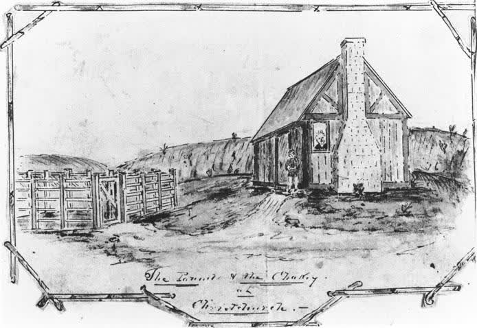 Painting: The Pound and the Chokey, Christchurch, 1856
