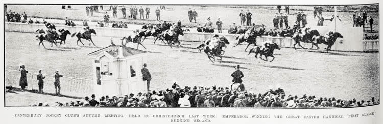 Canterbury Jockey Club's autumn meeting, held in Christchurch last week. Emperador winning the Great Easter Handicap, First Glance running second, 1915