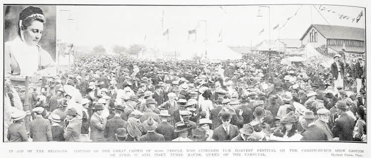 In aid of the Belgians: portion of the great crowd of 30,000 people who attended the Harvest Festival on the Christchurch Show Grounds on April 17, and, inset, Nurse Maude, queen of the carnival, 1915